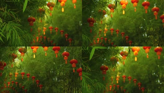 一排排传统中国风格的红灯笼挂在竹树隧道拱门上。高清在线视频素材下载