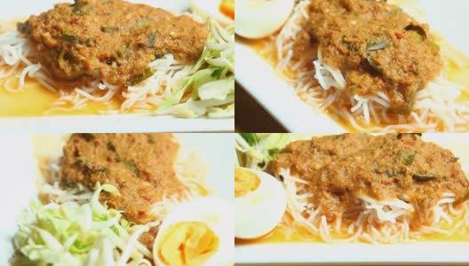 泰式粉丝配鱼露或泰国名菜Kanom Jeen高清在线视频素材下载