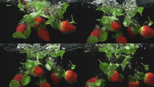 新鲜成熟的浆果和水果落入矿泉水，慢动作高清在线视频素材下载