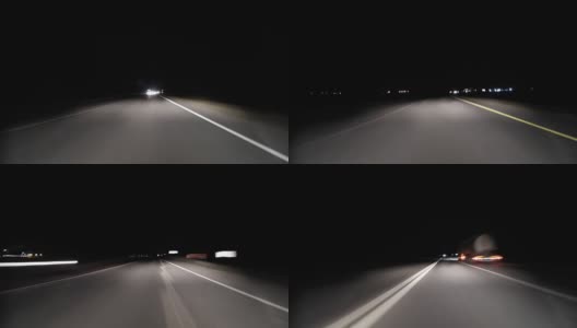 POV时间推移，快速的汽车在晚上行驶在古老的乡村道路上。迎面而来的卡车。驾驶pov老路时间推移/hyperlapse晚上。Pov夜间行车超溃在高速公路上通过一系列隧道。相机放置在车辆外，水平水平高清在线视频素材下载