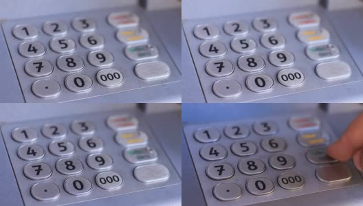男人的手拨弄着ATM键盘上的密码。特写镜头高清在线视频素材下载