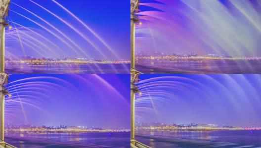 半坡彩虹桥喷水池在韩国首尔城的黄昏时分，时光流逝高清在线视频素材下载