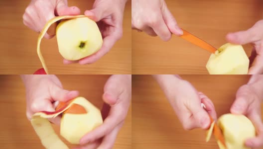 女人用4K刀削苹果高清在线视频素材下载