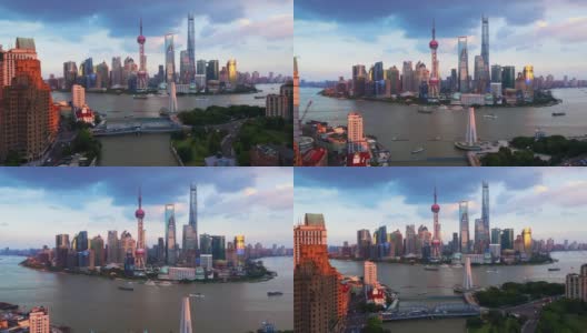 无人机拍摄:日落时分上海天际线的实时ZI 4K鸟瞰图，中国。高清在线视频素材下载