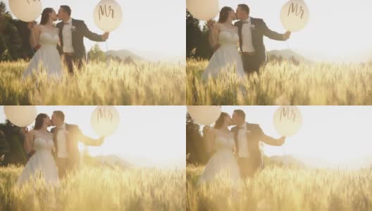 新婚夫妇在金色的阳光下接吻高清在线视频素材下载