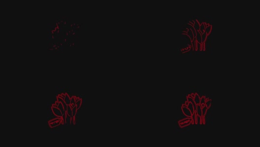 图标花束的春天鲜花郁金香在母亲节移动线在黑色的背景。4K视频霓虹线性动画。母亲节高清在线视频素材下载