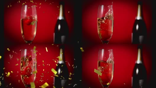 草莓装在香槟和五彩纸屑杯子里高清在线视频素材下载