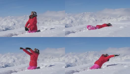 一名女子滑雪者愉快地摔倒在雪地里，超级慢动作，每秒180帧高清在线视频素材下载