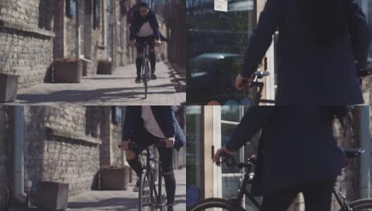 亚洲通勤者骑着自行车停在门口(慢镜头)高清在线视频素材下载