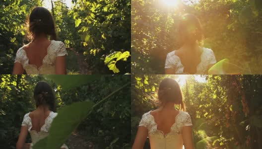 优雅的年轻女性模特复古服装漫步森林HD高清在线视频素材下载