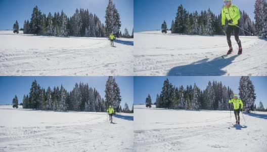 冬季越野滑雪者在美丽的阳光明媚的日子高清在线视频素材下载