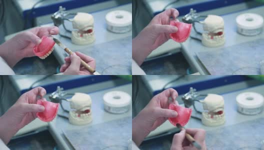女牙科技师，制造加工丙烯酸全口义齿高清在线视频素材下载
