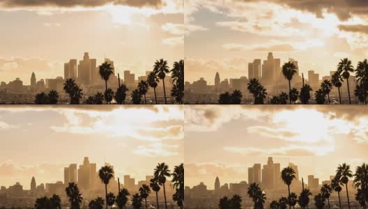 洛杉矶市中心的黄金时间与云彩和棕榈树高清在线视频素材下载