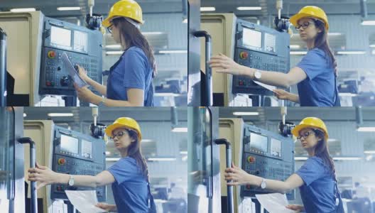 专业的女操作员在控制面板的帮助下设置/编程数控机床。可见大工业工厂。高清在线视频素材下载