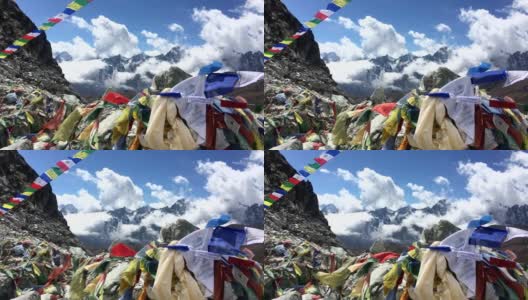 在喜马拉雅山脉的Cho La pass山顶(5420米)上的镜头视频。卓拉山口有令人惊叹的喜马拉雅山景色，并与喜马拉雅的自然美景面对面。高清在线视频素材下载