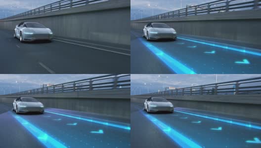 自动驾驶3D汽车通过城市高速公路。动画可视化概念:传感器扫描前方道路车辆，危险，速度限制。一天城市车道。前视图后高清在线视频素材下载