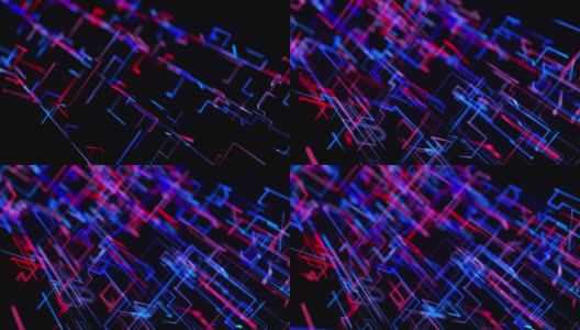 运动图形，科幻bg与流动的蓝色红色霓虹辉光线形成数字三维空间。连接的概念。可视化神经网络操作，多种分支的计算。4 k景深高清在线视频素材下载