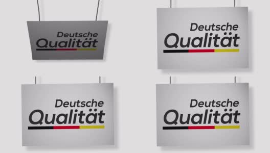 德意志qualität(德国品质)硬纸板标牌用绳子吊着。Alpha频道将包括下载4K苹果ProRes 4444文件高清在线视频素材下载