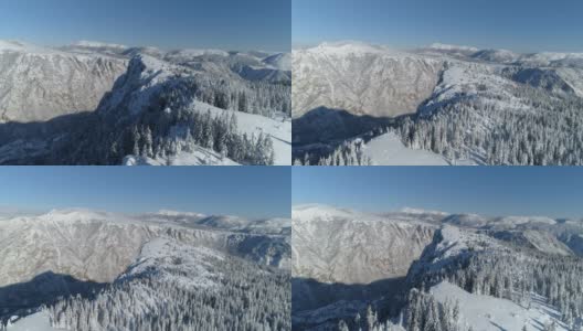 飞过白雪覆盖的云杉森林，背景是山脉高清在线视频素材下载