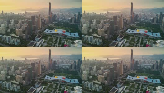中国深圳市景KK100大楼日落天空市中心市政厅航拍全景4k时间间隔高清在线视频素材下载
