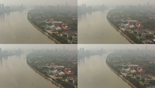 晴朗的傍晚广州市滨江艺术馆航拍全景4k中国高清在线视频素材下载