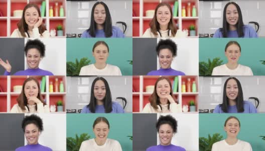 四个快乐的女性远距离朋友聊天，进行视频群呼高清在线视频素材下载