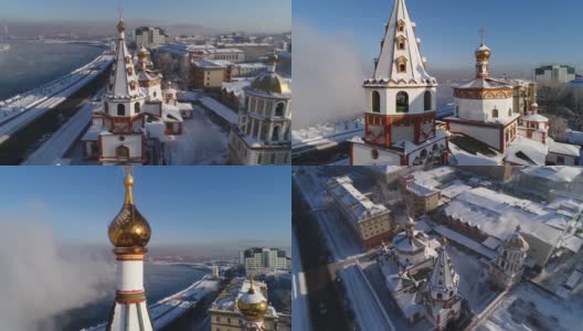 伊尔库茨克主显节教堂大教堂。空中无人机飞行。冬天，这个俄罗斯城市被冰雪覆盖。高清在线视频素材下载