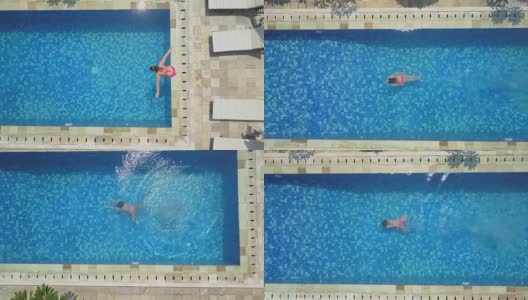 航拍:一个穿着粉色比基尼泳装的女孩跳进豪华度假村的空游泳池里高清在线视频素材下载