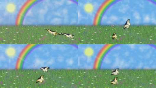 夏天的本性。蝴蝶和飞蛾在草地和蓝天和阳光和彩虹的背景上旋转。高清在线视频素材下载
