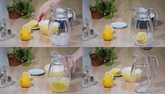在一个轻便的厨房里，用玻璃瓶准备柠檬和薄荷制成的柠檬汁。高清在线视频素材下载