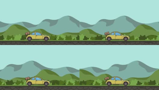 动画双门轿车与行李后引擎盖骑通过绿色山谷。移动的掀背式乡村景观背景。平面动画。高清在线视频素材下载