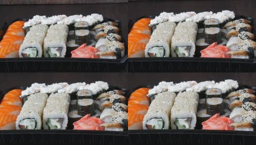镜头拉近了时尚新鲜的寿司与各种寿司卷的距离高清在线视频素材下载