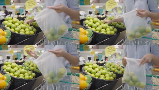 亚洲女孩戴口罩保护她的脸在超市购物高清在线视频素材下载