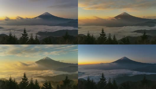 从夜到日富士山的时间流逝与晨雾或雾在藤川口子日出，山梨，日本。与山景观。高清在线视频素材下载