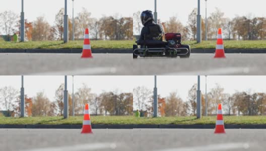 白俄罗斯BOBRUISK - 2018年10月21日:男孩间卡丁车比赛，卡丁车比赛，慢动作，竞赛，速度高清在线视频素材下载