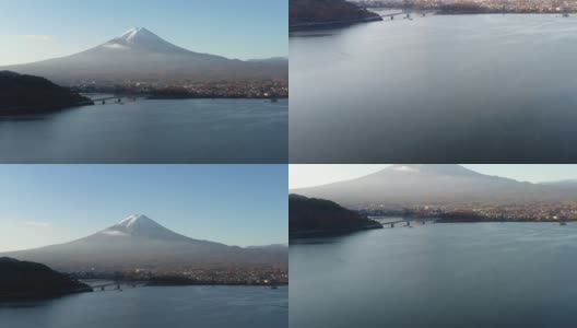 清晨鸟瞰富士山和川口湖高清在线视频素材下载