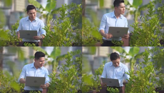 亚洲人在农场使用人工智能和增强现实来帮助种植系统，节约水、资源、减少劳动时间高清在线视频素材下载