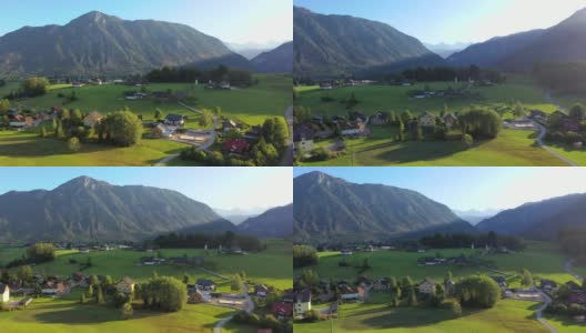 无人机电影村庄，山和湖周围的哈尔斯塔特村，奥地利阿尔卑斯山，上奥地利，欧洲高清在线视频素材下载