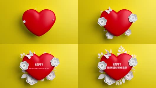 感恩节快乐概念与鲜花和心形在黄色的背景高清在线视频素材下载