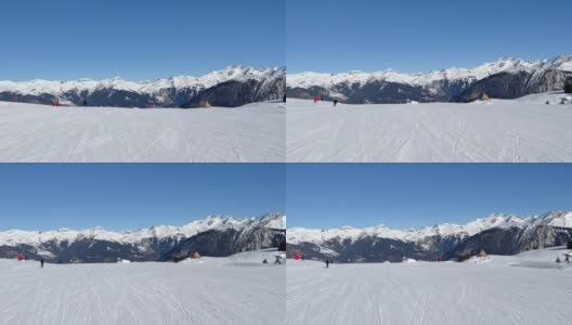 法国阿尔卑斯山脉的库尔舍维尔滑雪场，冬季宽阔的滑雪场高清在线视频素材下载