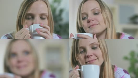 HD DOLLY:快乐的生病女人喝茶高清在线视频素材下载