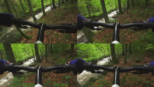 山地自行车穿过绿色森林POV高清在线视频素材下载