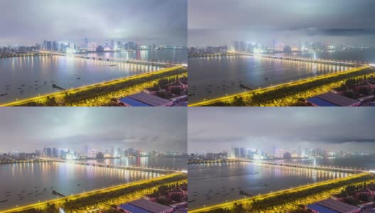 夜深人静，杭州江畔的天际线和现代建筑，时光流逝。高清在线视频素材下载