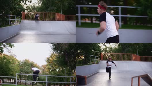 运动的男子在开放的滑板公园练习跑酷-从坡道滑动，跨越障碍，在缓慢的动作做空翻。夏日，绿树环绕高清在线视频素材下载