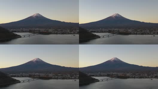 黎明时分富士山和川口湖的鸟瞰图高清在线视频素材下载