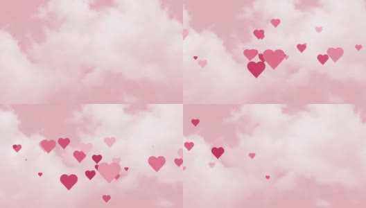 心的背景。动画情人节贺卡，3月8日，妇女节。飞行的心动画在粉红色的背景与白云。粉红色的天空和心形。高清在线视频素材下载