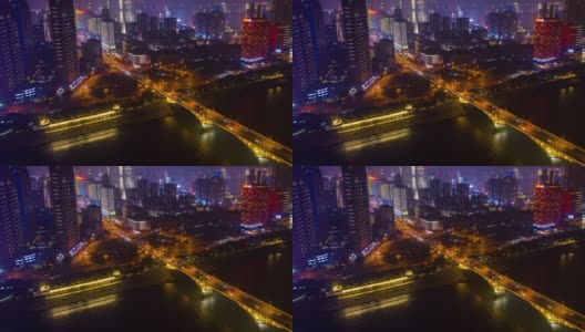 夜间照明长沙市中心市中心滨江交通大桥海湾公路交叉口航拍时间全景4k中国高清在线视频素材下载