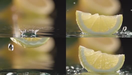 近距离观察柠檬片撞击淡水表面。慢动作镜头高清在线视频素材下载