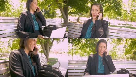 快乐微笑的千禧一代女性，在公园长凳上用智能手机工作和聊天高清在线视频素材下载