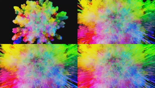 爆炸的火药孤立在黑色背景。3d动画的粒子作为彩色的背景或覆盖效果。迸发出彩虹般的色彩，粉饼呈现出明亮如胡里节。34高清在线视频素材下载